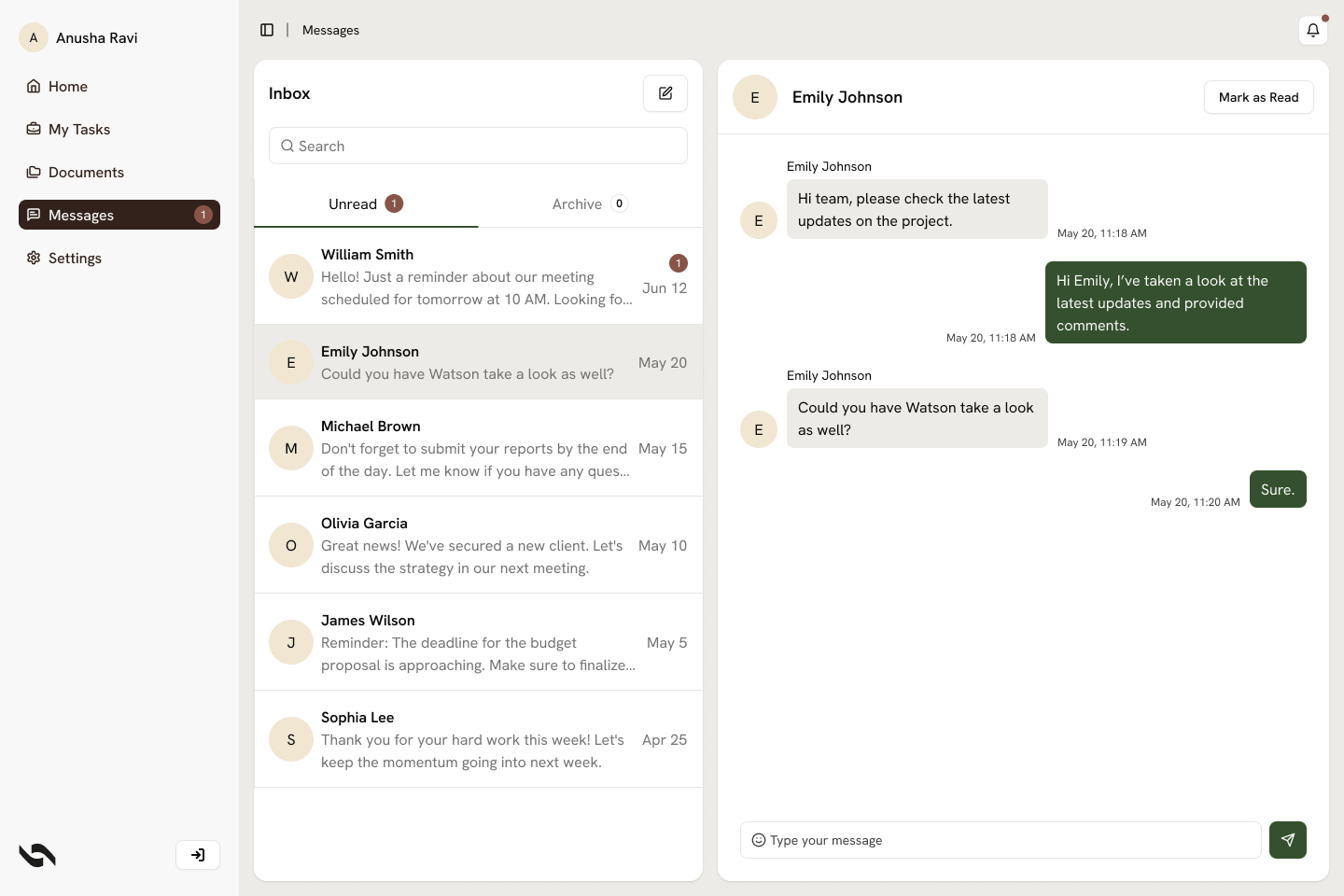 After — redesigned Messages view